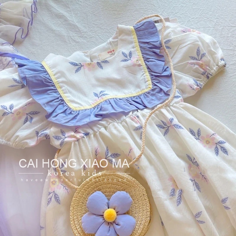 Đầm Công Chúa Tay Phồng Họa Tiết Hoa Ngọt Ngào Phong Cách Hàn Quốc Thời Trang Mùa Hè Cho Bé Gái