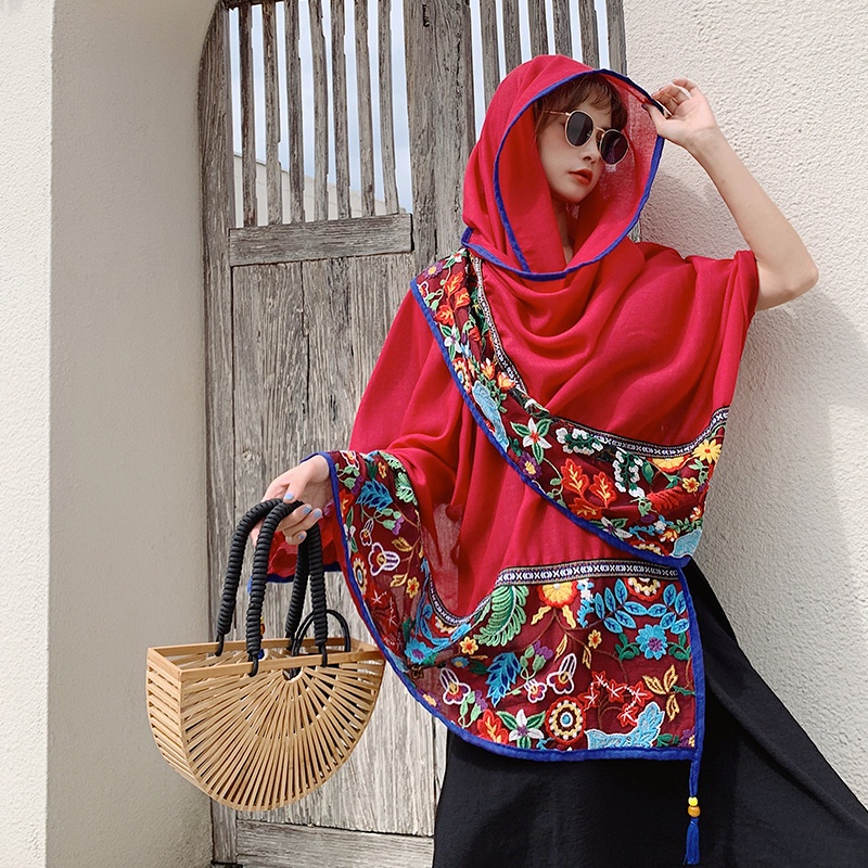 Khăn Choàng Đi Biển Chống Nắng Bằng Lụa Cotton Lanh Phối Ren Tua Rua Thêu Họa Tiết 24H Cho Nữ