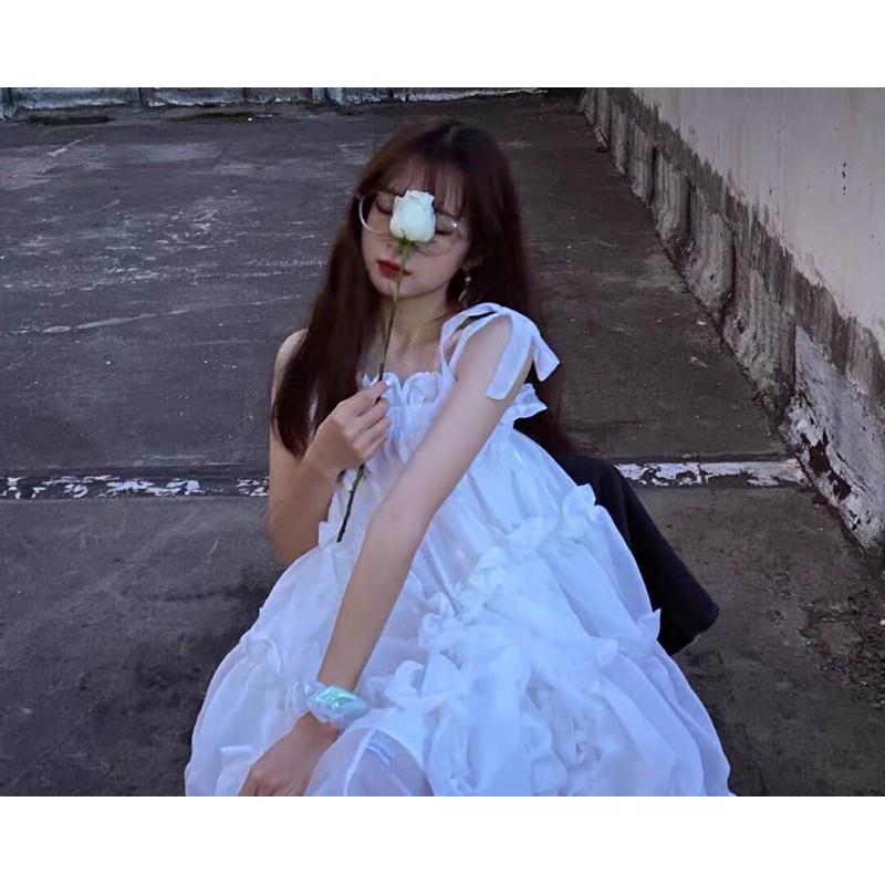 Váy đầm maxi trắng 2 dây xoè tầng bèo tiểu thư vintage công chúa siêu xinh đi chơi đi tiệc boho thổ cẩm