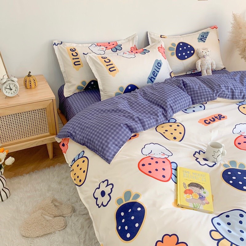 Bộ chăn ga cotton poly Bo Decor chăn ga Hàn Quốc họa tiết Gấu và Thỏ đủ size miễn phí bo chun