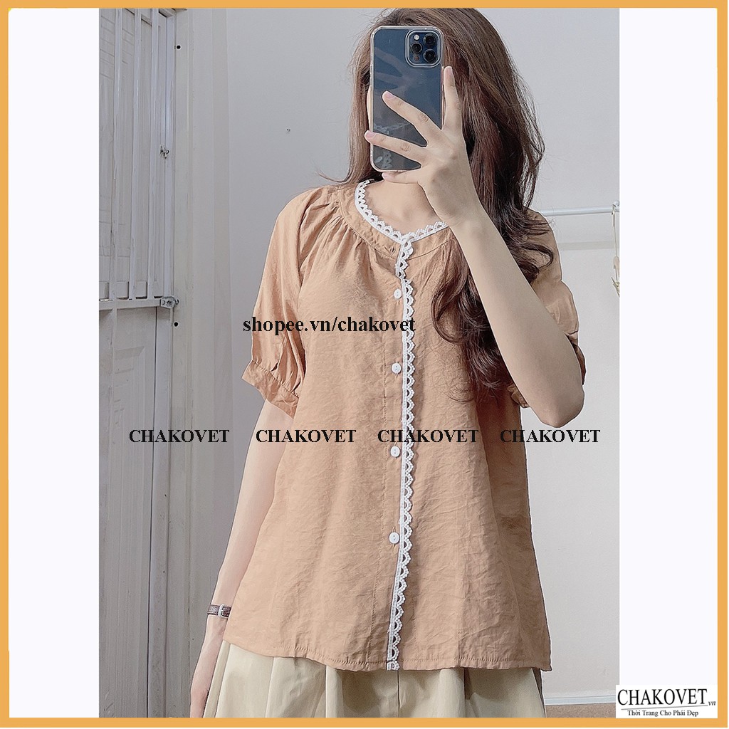 Áo sơ mi nữ viền ren cổ tròn cka822, kiểu áo nữ cộc tay hai màu be và trắng cực cute