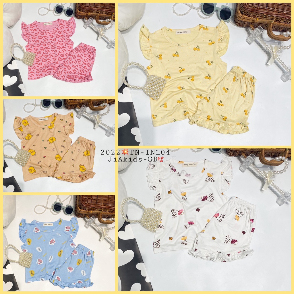 Bộ Ngắn Tay THUN LẠNH MINKY MOM Áo Cánh Tiên Quần Bánh Bèo In Toàn Thân Cho Bé Gái TN-IN104
