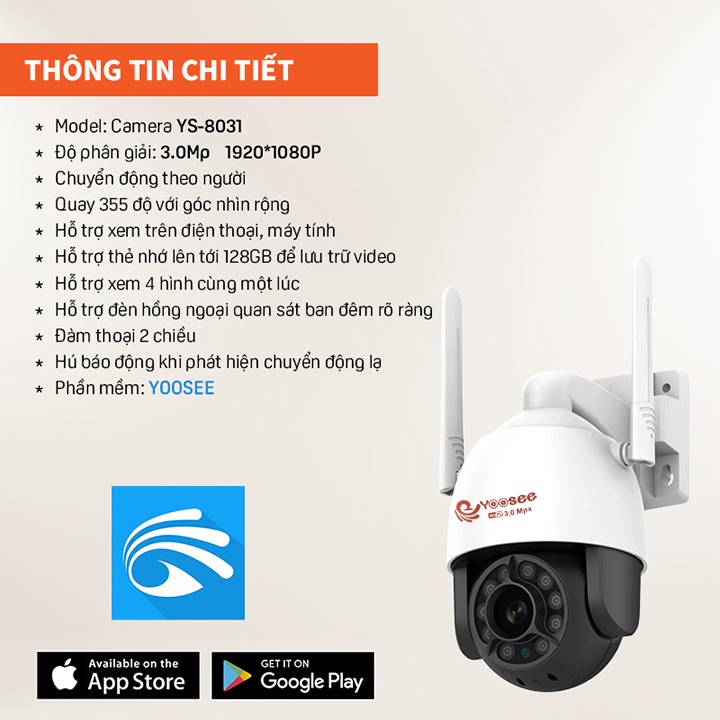 Camera WIFI Carecam Ptz Ngoài trời 5.0Mpx, 3.0MP | YOOSEE 3.0MP [1296P] &amp; Thẻ nhớ  128GB 64GB 32GB