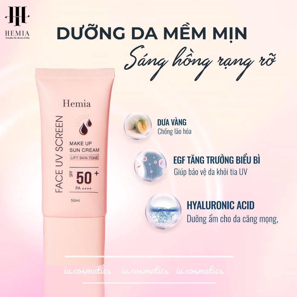 Kem chống nắng HEMIA dưỡng trắng nâng tone SPF50+ 100% tự nhiên - iu.cosmetics