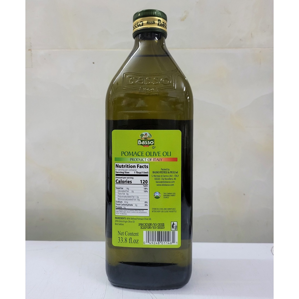 [CHAI LỚN 1 Lít – POMACE ] DẦU Ô LIU TINH CHẾ [Italia] BASSO Pomace Olive Oil (euf)