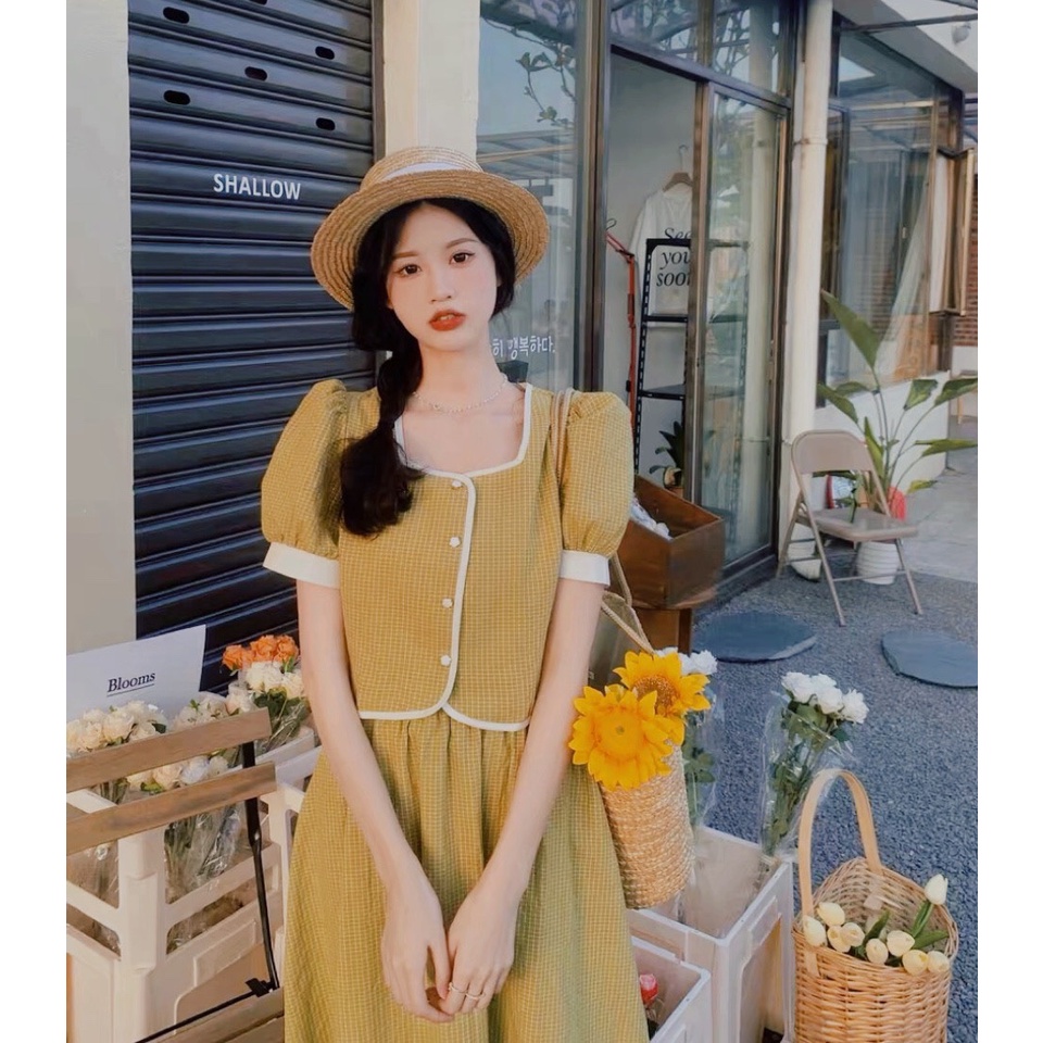 SET KẺ SỌC CARO VÀNG ÁO CROPTOP VIỀN KEM CỔ VUÔNG TAY NGẮN + CHÂN VÁY DÀI LƯNG THUN CAO kiểu dáng vintager ULZZANG