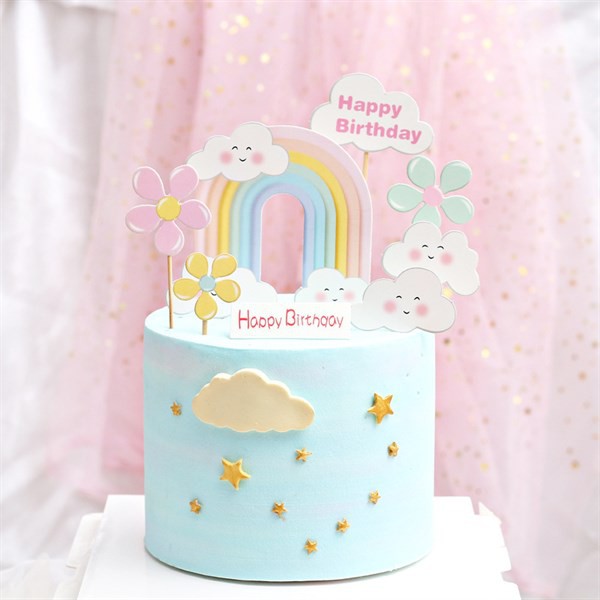 Phụ kiện trang trí bánh sinh nhật_Set que cắm HPBD cầu vồng + mây + hoa