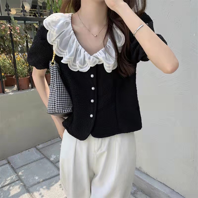 Áo sơ mi SUXI tay phồng cổ chữ V màu sắc trơn phong cách vintage Hàn Quốc cho nữ