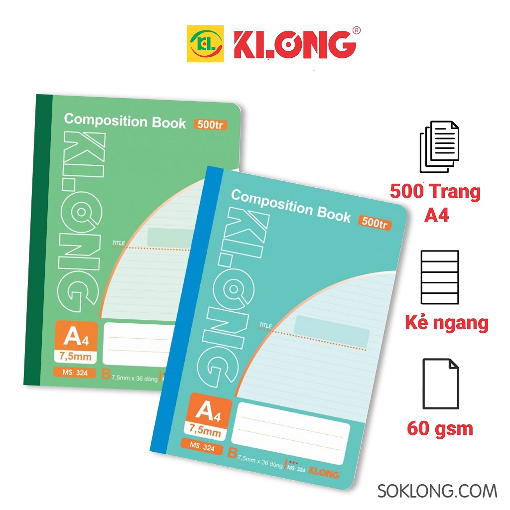 Vở may dán gáy A4 500 trang kẻ ngang Compostion Book, sổ Klong MS 324