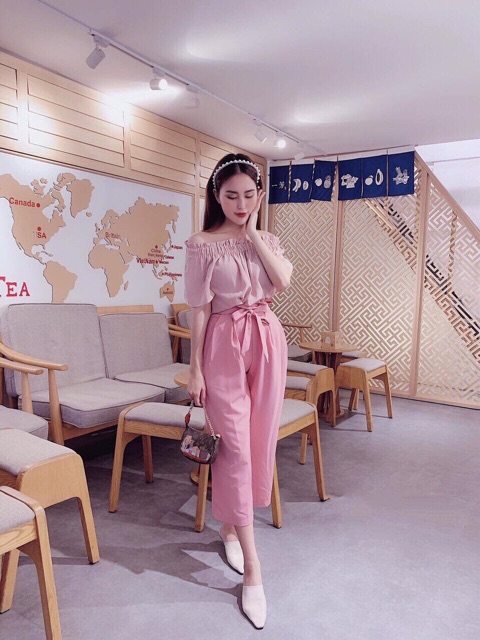 Set Áo hồng pastel + Quần ống rộng kèm belt