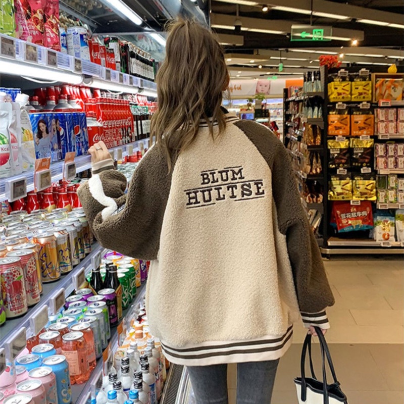 Áo Khoác Bóng Chày Vải Len Lông Cừu Phối Màu Sắc Tương Phản Thời Trang Thu Đông Cho Nữ