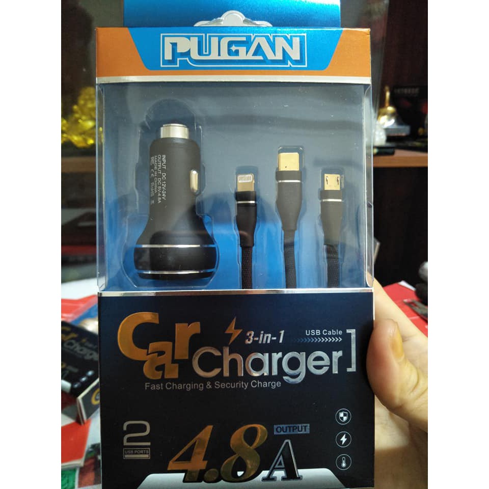 Tẩu sạc nhanh pugan ô tô 3 đầu với 2 chức năng sạc thông minh và sạc siêu tốc 4.8A