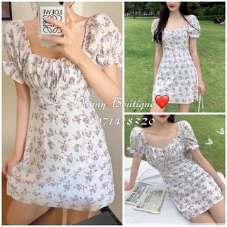 (Hàng sẵn có ảnh thật) Đầm Váy cổ vuông nhún ngực hoa nhí trắng tím 🎀 , style ulzzang Hàn Quốc 🌻 Panny Boutique 🌻  ྇