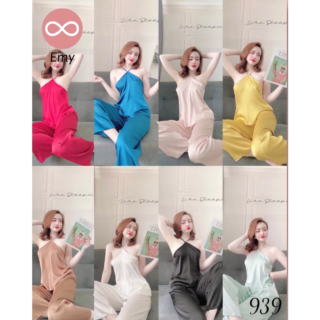 (Đồ mặc nhà,đồ ngủ sang chảnh)Set cổ yếm chéo, quần dài, vải latin cao cấp. free size 40-60kg