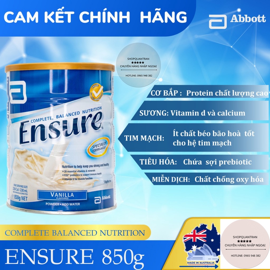 Sữa Ensure hương vanilla 850g Úc giàu năng lượng, vitamin và khoáng chất