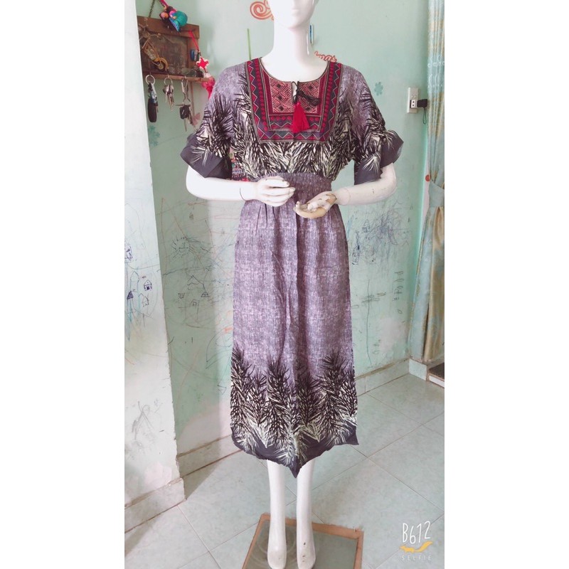 [Mã WAMT1505 giảm 10K đơn 0K] Đầm lanh lụa thêu thổ cẩm có tay (48-65ký) | BigBuy360 - bigbuy360.vn