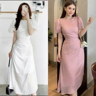Đầm thiết kế hồng tay phồng nhún eo đi tiệc cưới
