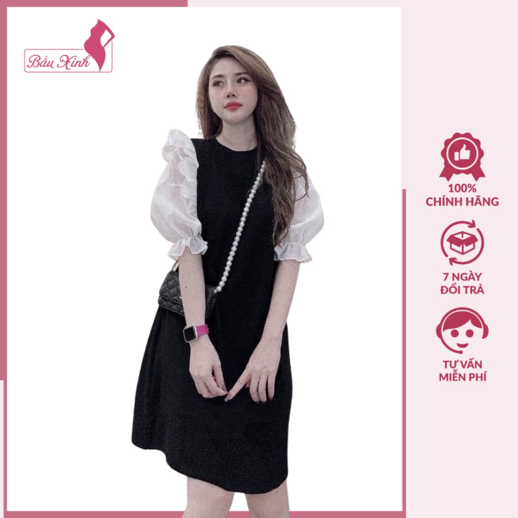 Váy bầu công sở - đầm bầu mùa hè dáng suông 2 màu kẻ và đen tay bồng lửng freesize BN53