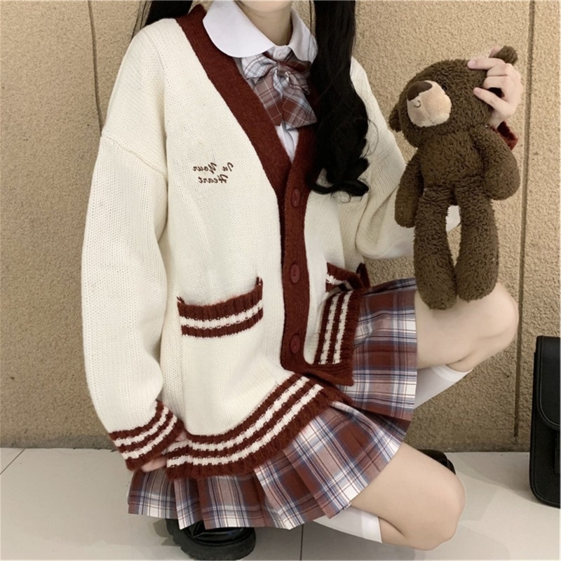 Áo Khoác Cardigan Dệt Kim Tay Dài Dáng Rộng Kẻ Sọc Phối Nút Dễ Thương Cho Nữ