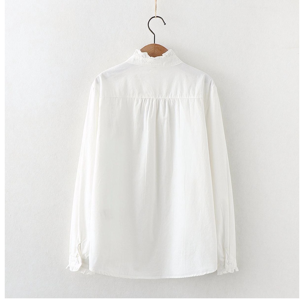 Áo Sơ Mi Trắng Tay Dài Chất Cotton Hoạ Tiết Thêu Thiết Kế Thanh Lịch