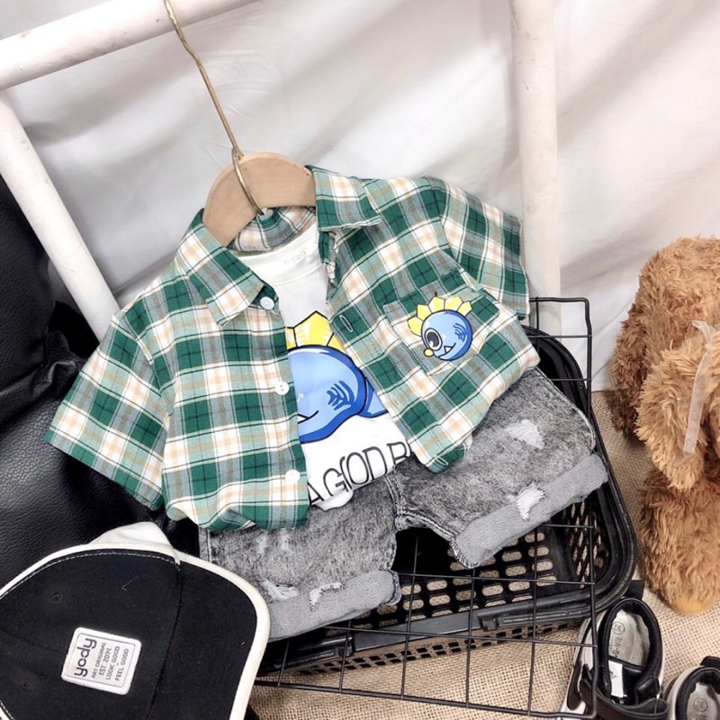 Set 3 Chi Tiết Áo Sơ Mi Kèm Quần Jean Cộc Cho Bé Trai 10-20Kg
