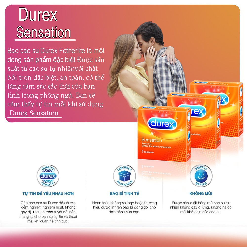 Bộ 3 Hộp Bao Cao Su Durex Sensation|| Gân Gai, Siêu Mỏng, Ôm Sát, Không Mùi - Hàng nhập khẩu