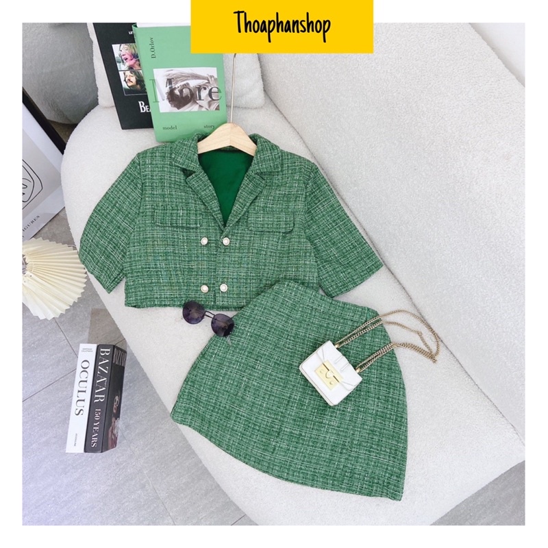 SET DẠ XANH LÁ ÁO CROPTOP TÚI NẮP + CHÂN VÁY CHỮ A