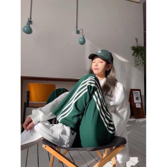 [NEW] Quần ống rộng 4 sọc Xanh Unisex, quần dài cạp chun có dây rút điều chỉnh eo chất nỉ da cá co dãn dày dặn mặc 4 mùa