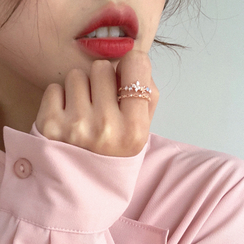 Nhẫn hở hai lớp màu vàng hồng hình bông hoa đính đá zircon thời trang cá tính cho nữ
