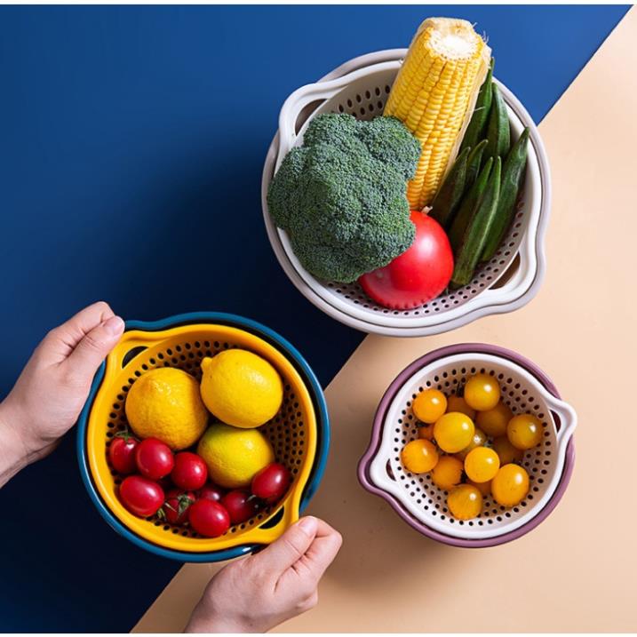 Set Rổ Kèm Chậu 6 Món Bộ 3 Rổ Và Chậu Thau Nhựa Rửa Rau Củ Đựng Hoa Quả Trái Cây 2 Lớp Hình Tròn Hình Vuông
