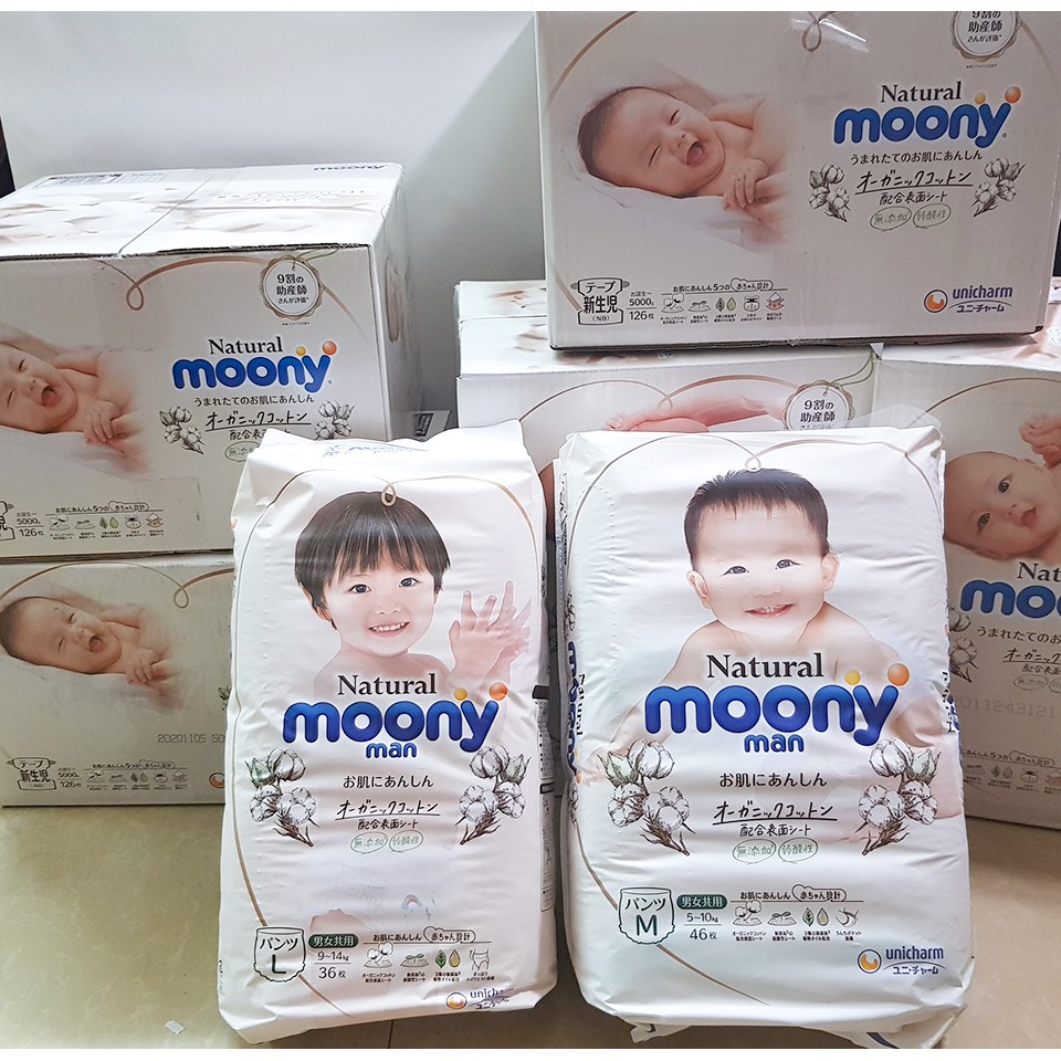 Bỉm Tã Dán /Tả Quần Moony Natural Trắng Cao Cấp Đủ Size NB63/S58/M46/L36