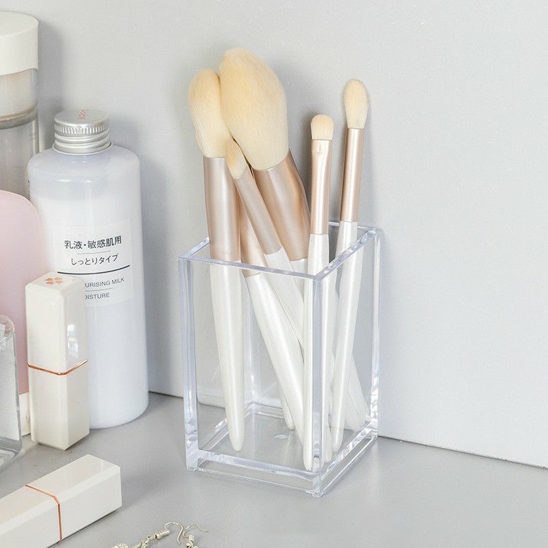 Ống đựng bút vuông trong suốt bằng nhựa acrylic để bàn tiện dụng cho học sinh tặng kèm hình dán trang trí cute