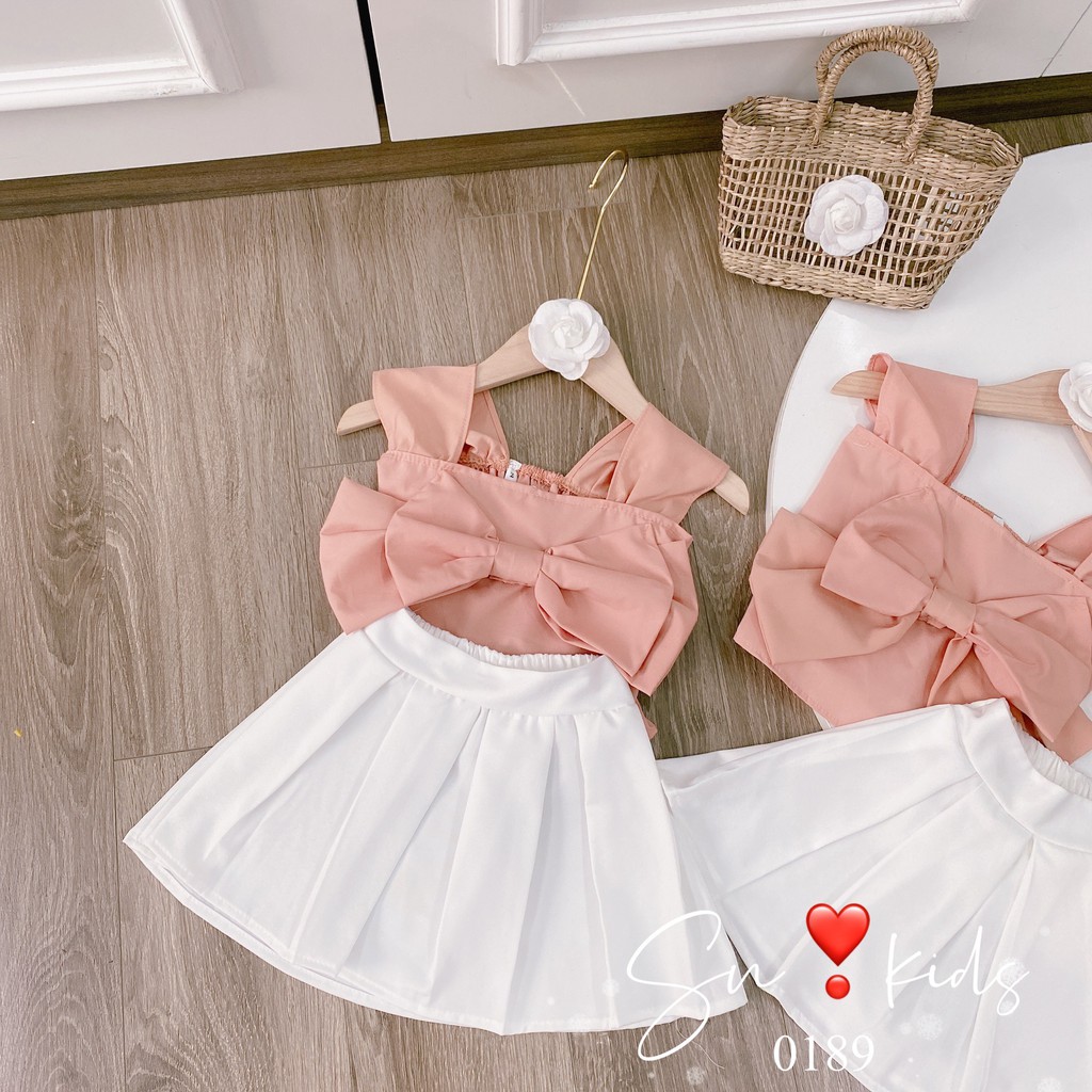 Set áo nơ kèm chân váy cách điệu🔥𝐅𝐑𝐄𝐄𝐒𝐇𝐈𝐏🔥Thiết kế chun sau lưng cá tính cho bé 10-22kg