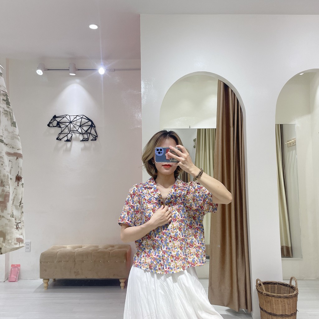 Sơ mi hoa nhí hồng tím ngắn croptop | 11 HIN