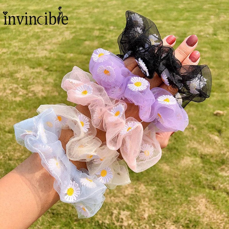 Sweet Daisy Flowers Transparent Lace Hair Rope/ Flower Thin Mesh Elastic Hair Ties/ Women Girl's Hair Accessories