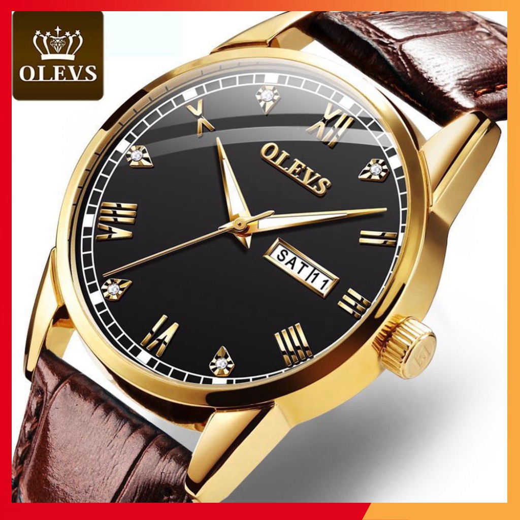 Đồng Hồ Nam OLEVS OL6602 Dây Da Cao Cấp -Đính Kim Cương Nhân Tạo - Phong Cách Hiện Đại