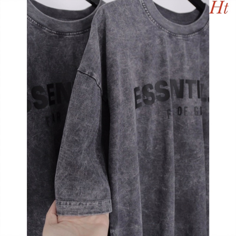 Áo phông loang màu đen Vân đá ESSENTIALS fear of god chữ đen