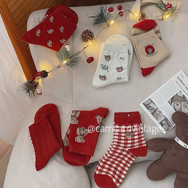 Set Tất Noel Tết Làm Quà Tất Cổ Cao Nữ Tiêu Thư LOLITA ĐỎ Cổ Bèo Nhún Tất Vớ Nữ ULZZANG HÀN QUỐC Maxshopdoc