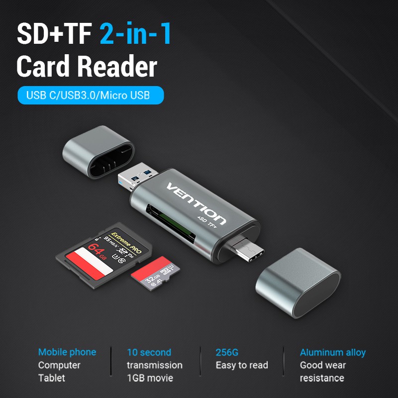 Đầu đọc thẻ nhớ SD và TF Vention 2 đầu USB 2.0/3.0 tiện dụng