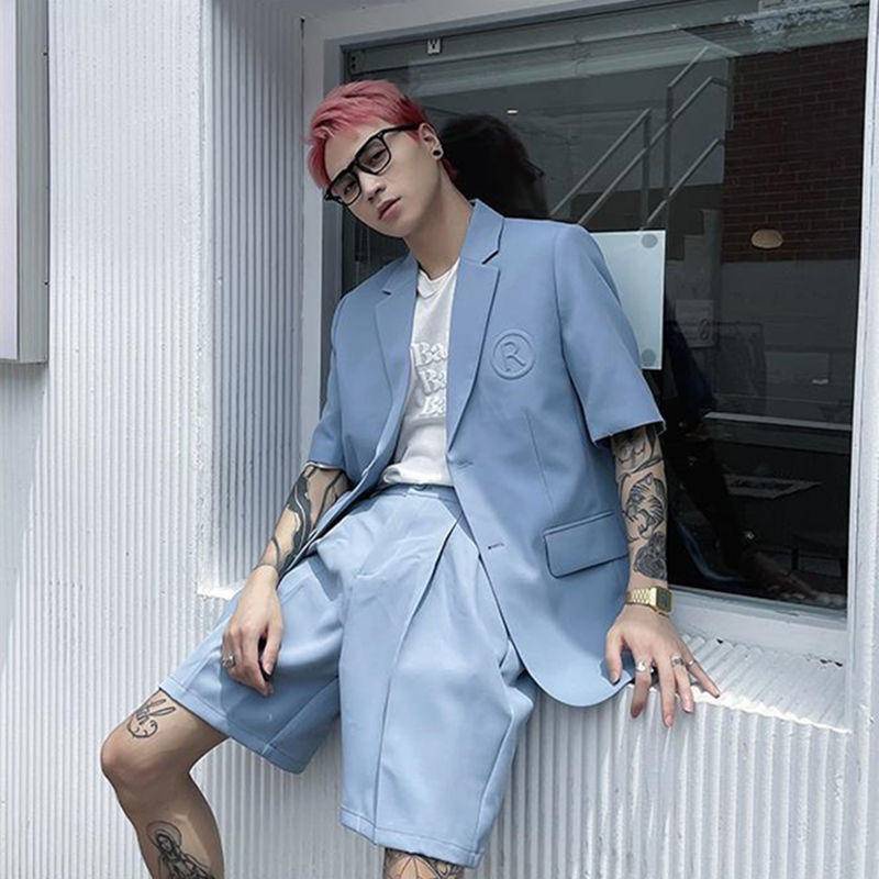 Áo Khoác Blazer Tay Ngắn Dáng Rộng Màu Sáng Phong Cách Hàn Quốc Sang Trọng Cho Nam