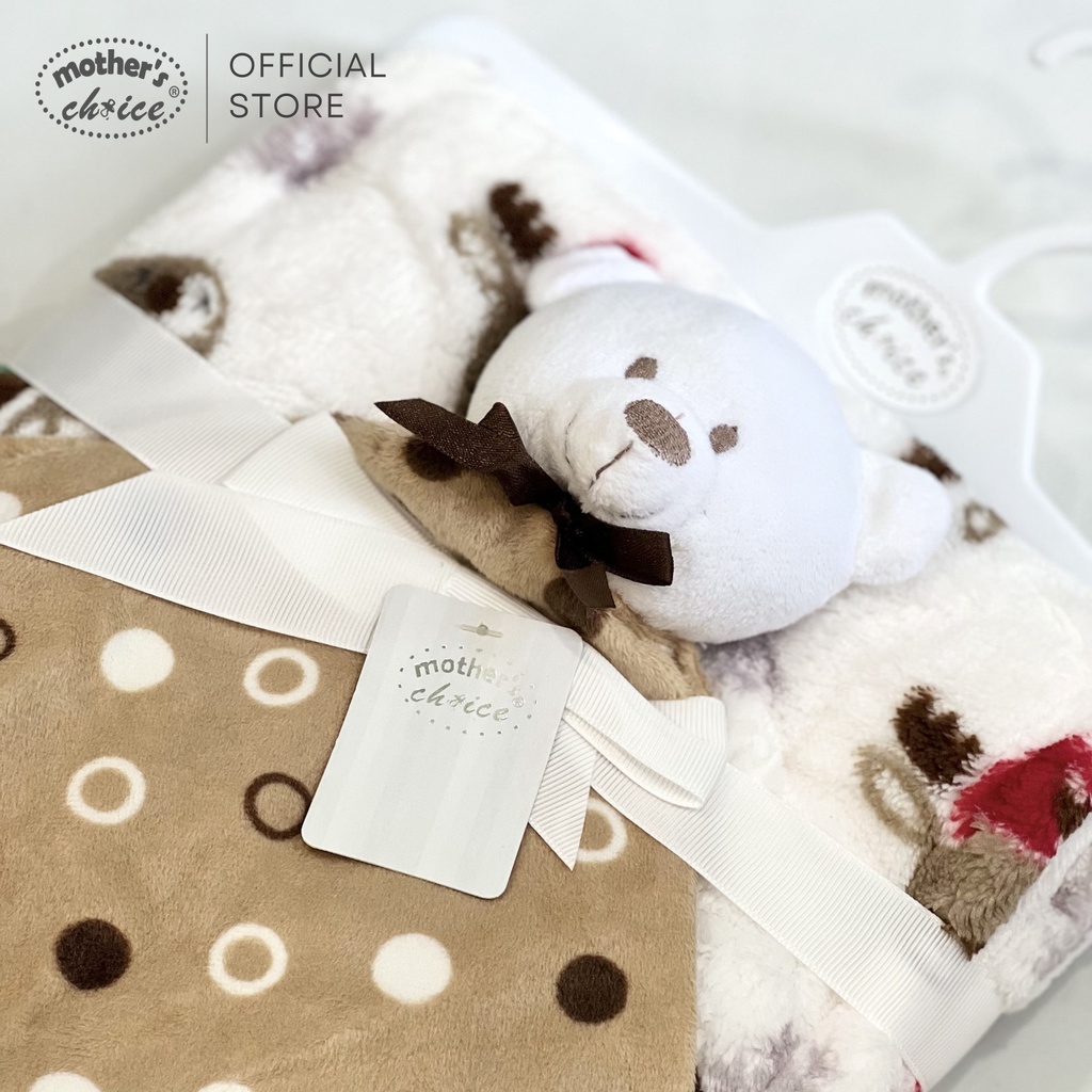 Chăn cho bé cỡ 75x90cm Chăn lông cừu mềm nhẹ màu trắng kèm thú bông gấu trắng ngộ nghĩnh Mother’s Choice IT11486