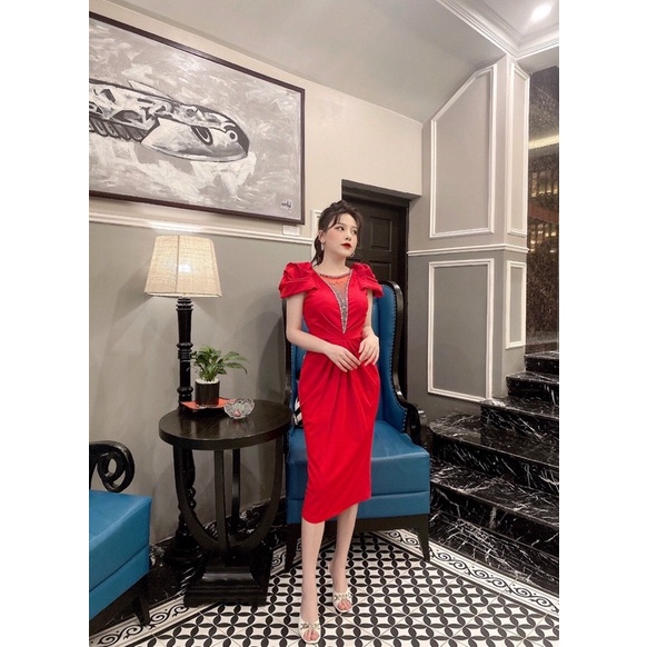 Đầm dự tiệc body đuôi cá tay xếp ly cao cấp TẶNG KÈM HOA TAI THỜI TRANG
