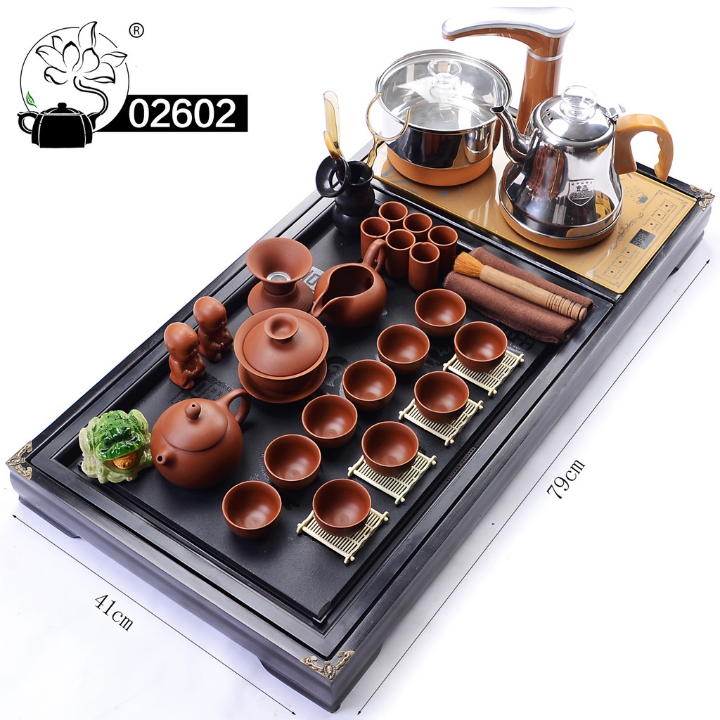 Bàn trà điện thông minh bàn gỗ mặt đá ấm chén gốm sứ tử sa để phòng khách - Mã : 02601-19