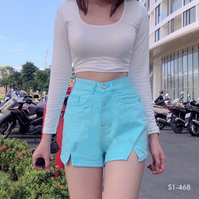 Quần short jean co giãn trơn