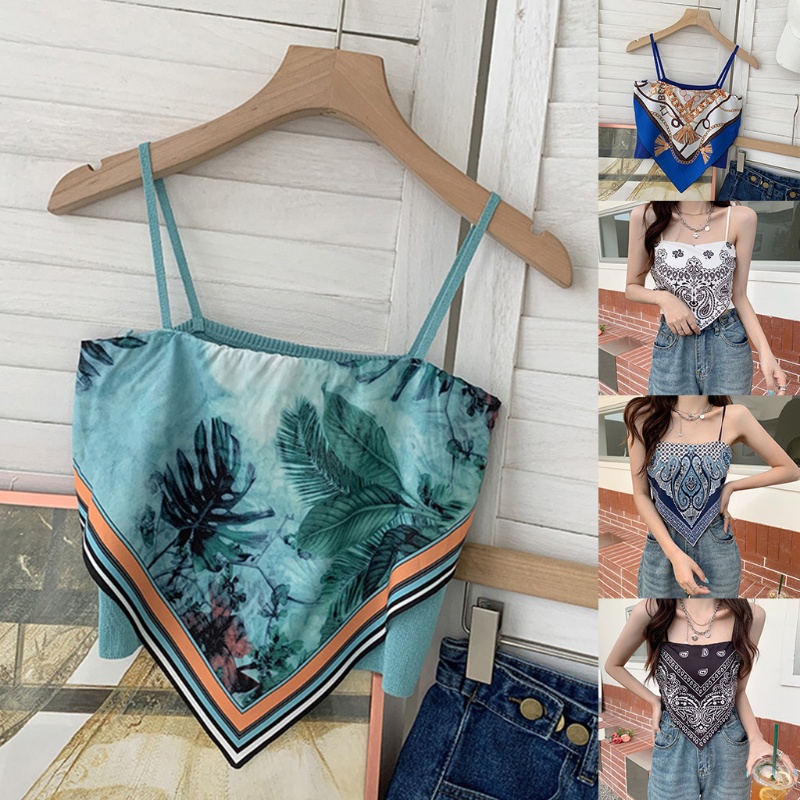 Áo ống hai dây hở lưng in họa tiết hoa lá phong cách boho cho nữ