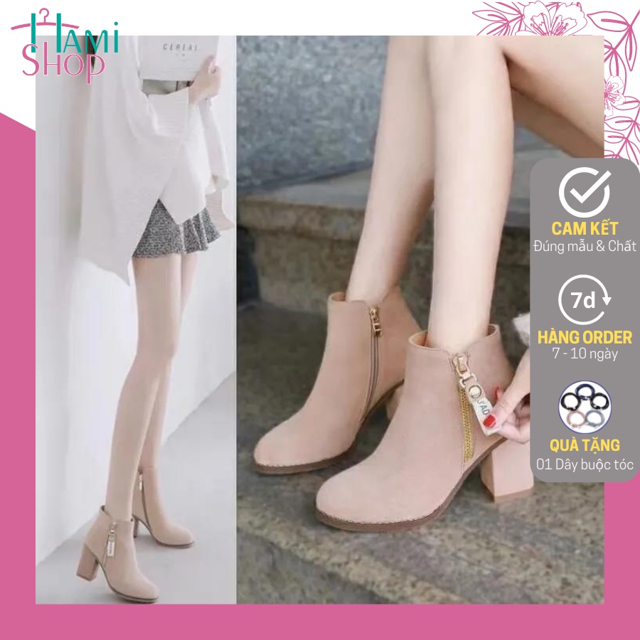 Boots nữ cổ thấp gót 7cm giày bốt nữ chất da lộn kiểu dáng trẻ trung