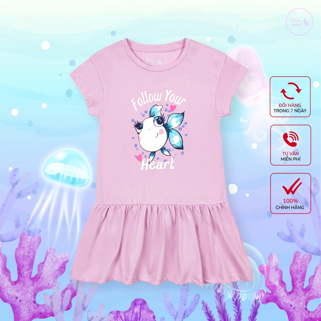 Váy Bé Gái Miss Meow, Đầm Cho Bé Chất Cotton Bèo Gấu In Cá Nhỏ Size Đại 3-11 Tuổi