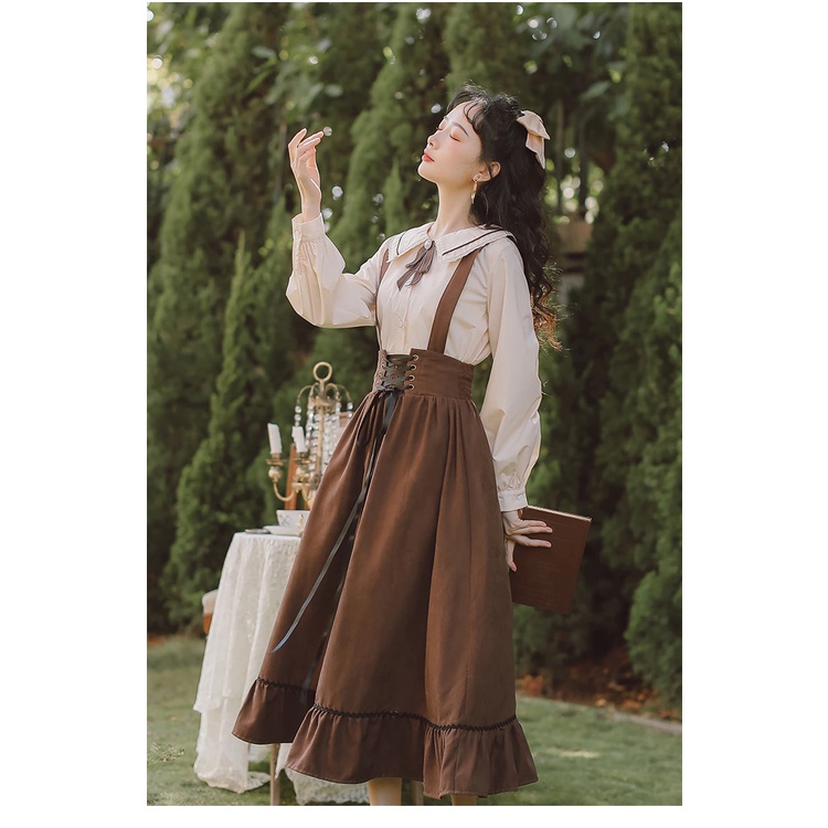 (Hàng Order không có sẵn) Áo sơ mi cổ sen, thắt nơ, tay phồng kèm chân váy vintage, phong cách cổ điển, chất liệu dày | BigBuy360 - bigbuy360.vn