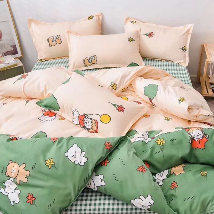 Bộ chăn ga gối drap giường chất cotton poly họa tiết cô bé rừng xanh