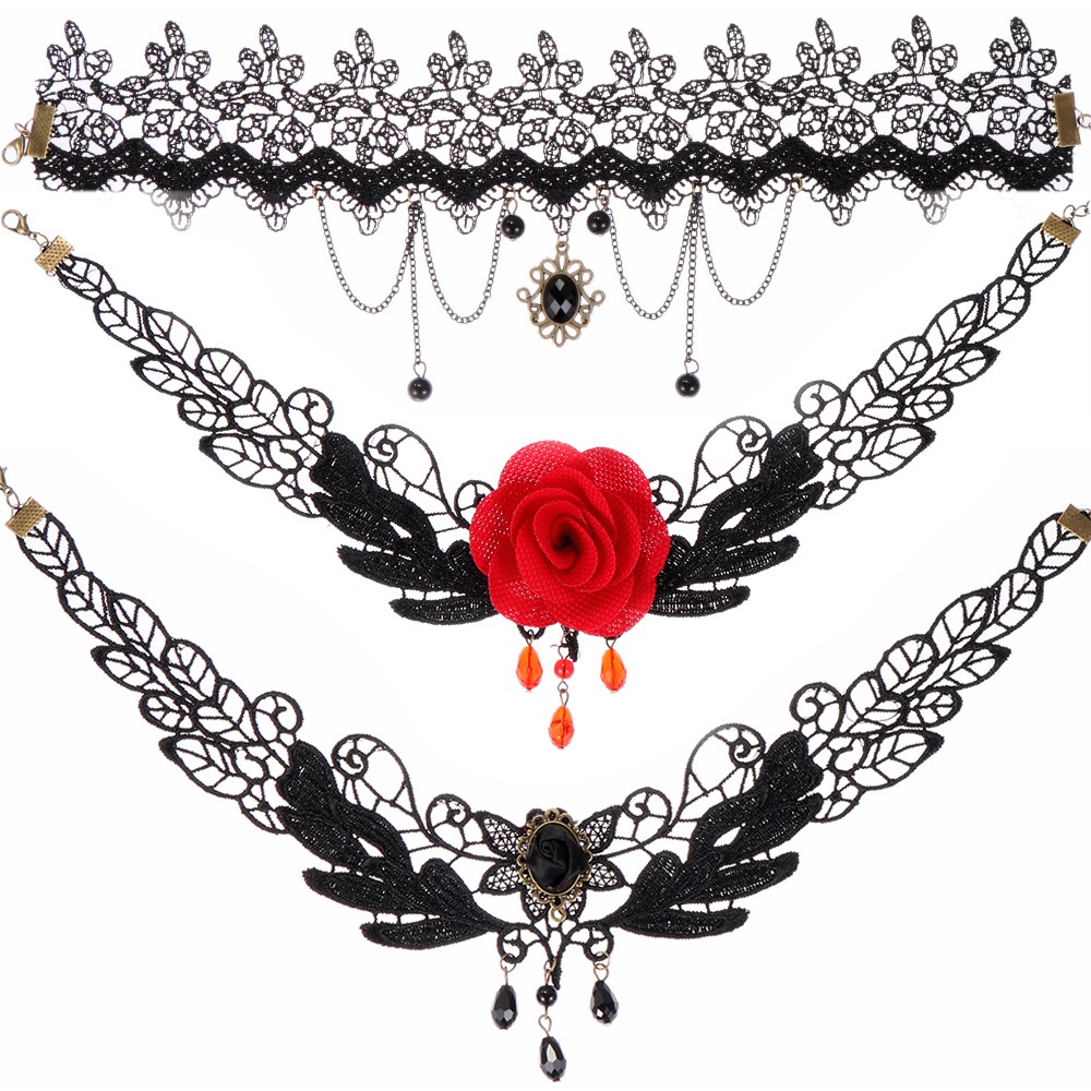 Vòng Cổ Choker Vải Ren Màu Đen Phong Cách Steampunk Gothic Sang Trọng Quyến Rũ|Mặt Dây Chuyền